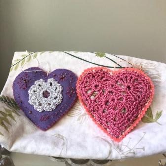 Pair of Heart Sachet Ornaments Pink and Purple