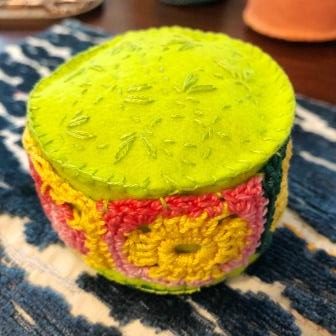 Pin Cushion - Bright Green with Crochet Squares