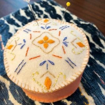 Pin Cushion - Ivory and Peach with Embroidery