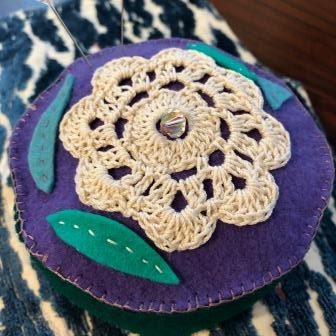 Pin Cushion - Purple & Green with Crochet Applique