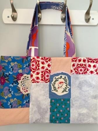 Patchwork Tote, Blues with Pink
