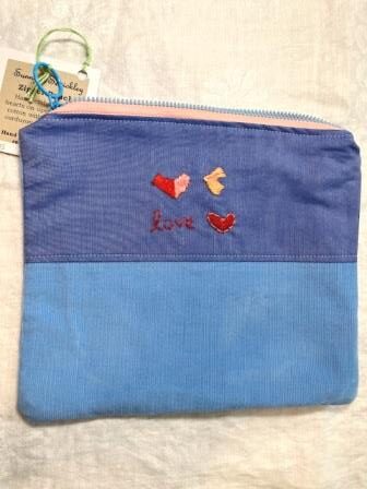Zipper Pouch, Blue with Embroidered Hearts