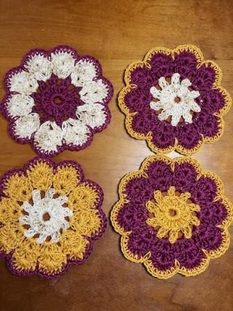 Crocheted Coasters, Burgundy and Gold (set of 4)