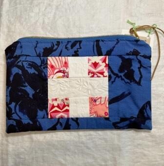 Zipper Pouch, Navy with Pink and White Patchwork